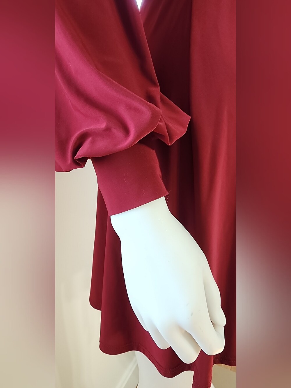 Forever 21 Faux Wrap Dress Long Sleeve Mini Vneck Red Cranberry Maroon Burgundy - Picture 3 of 8